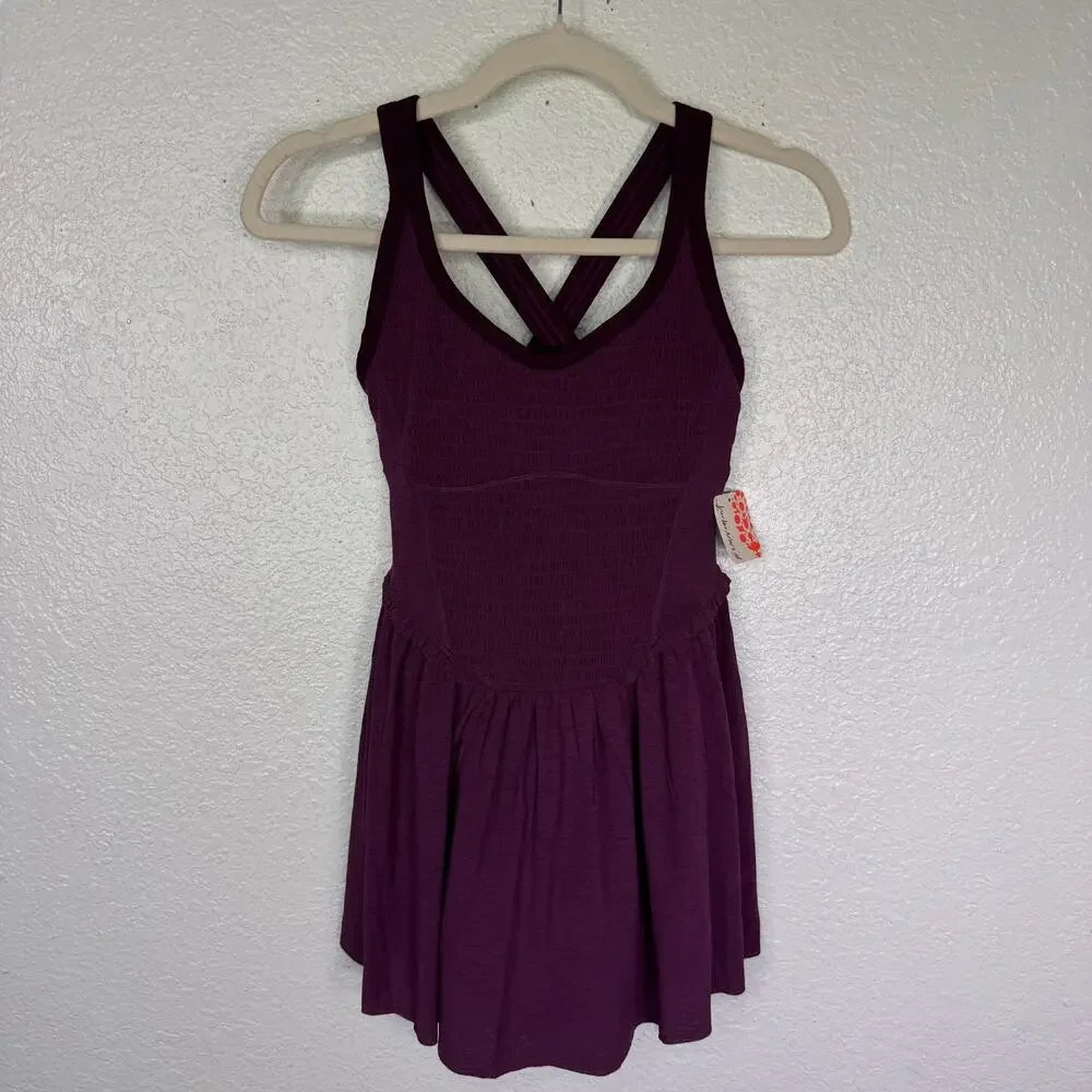 Free People Smockin Hot Dress Women XS Romper Tennis Pickleball Black Cherry NEW - Picture 2 of 11